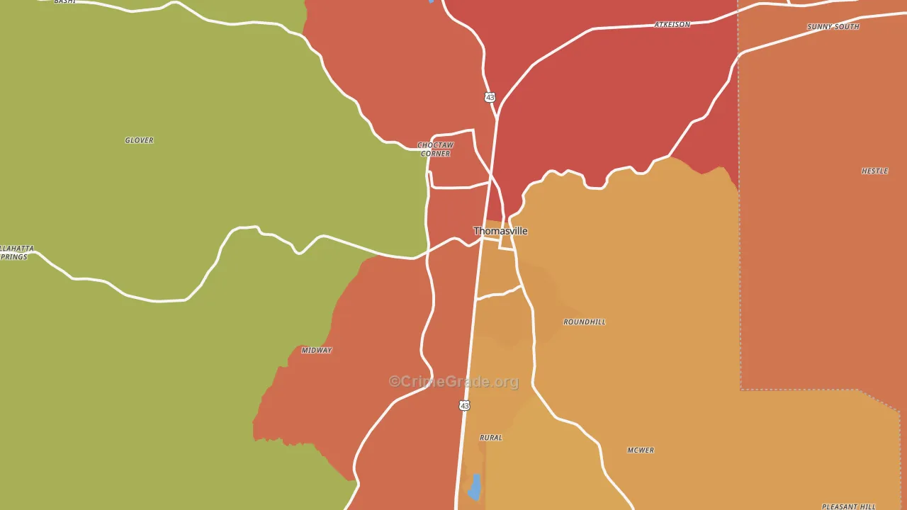 Thomasville, AL Map of Robbery Rates