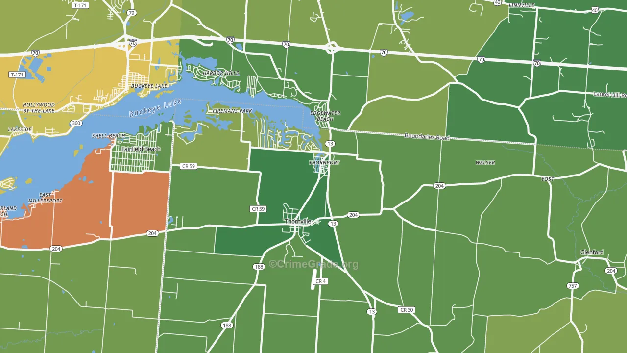 Thornville, OH Map of Robbery Rates