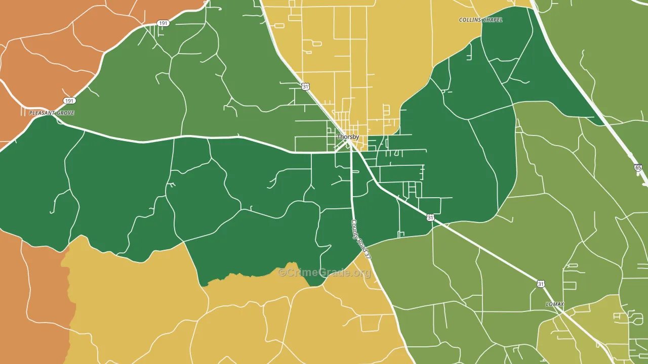 Thorsby, AL Map of Robbery Rates