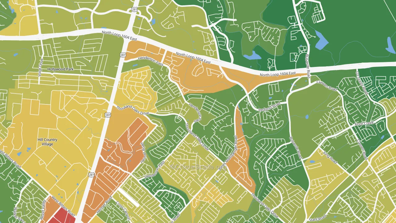 Thousand Oaks, San Antonio, TX Map of Robbery Rates