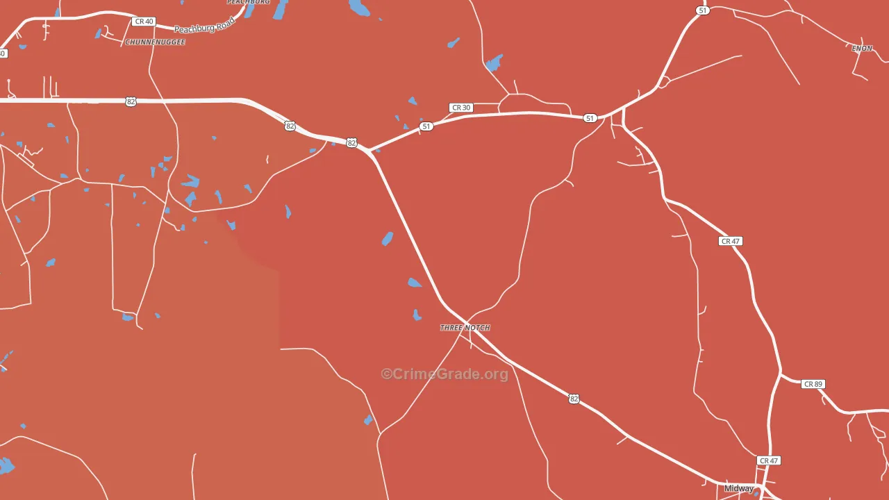 Three Notch, AL Map of Robbery Rates