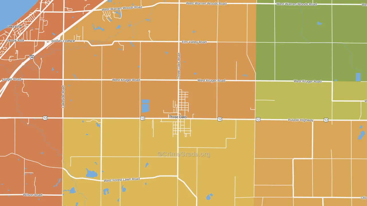 Three Oaks, MI Map of Robbery Rates