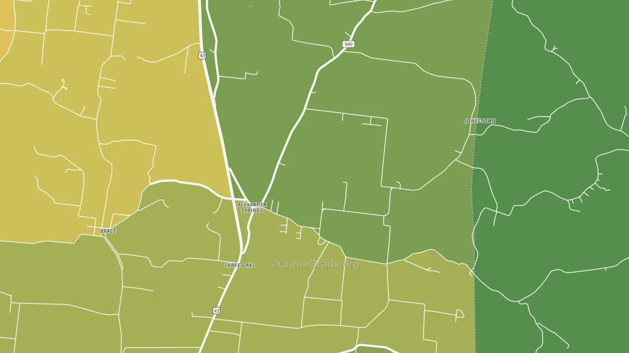 Three Oaks, TN Map of Robbery Rates