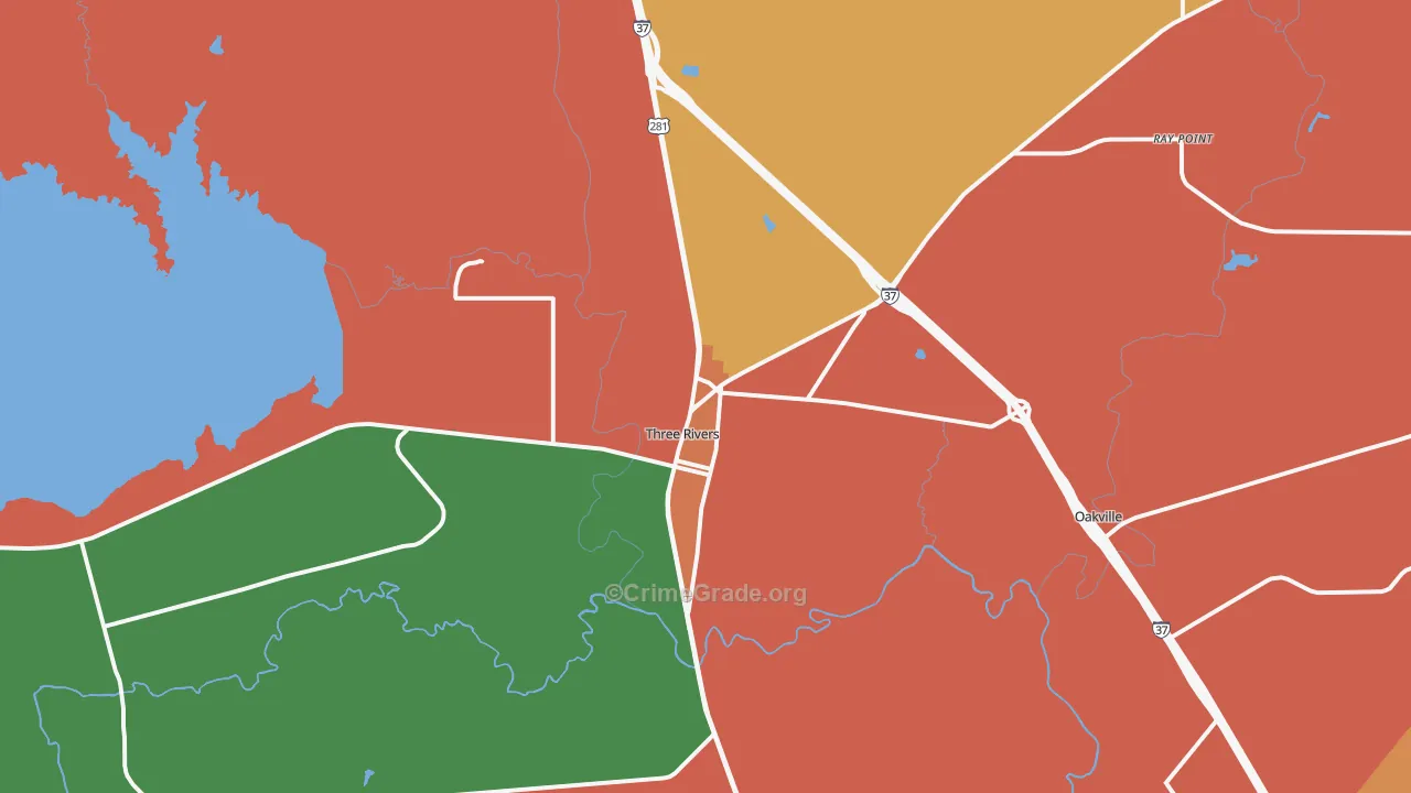 Three Rivers, TX Map of Robbery Rates