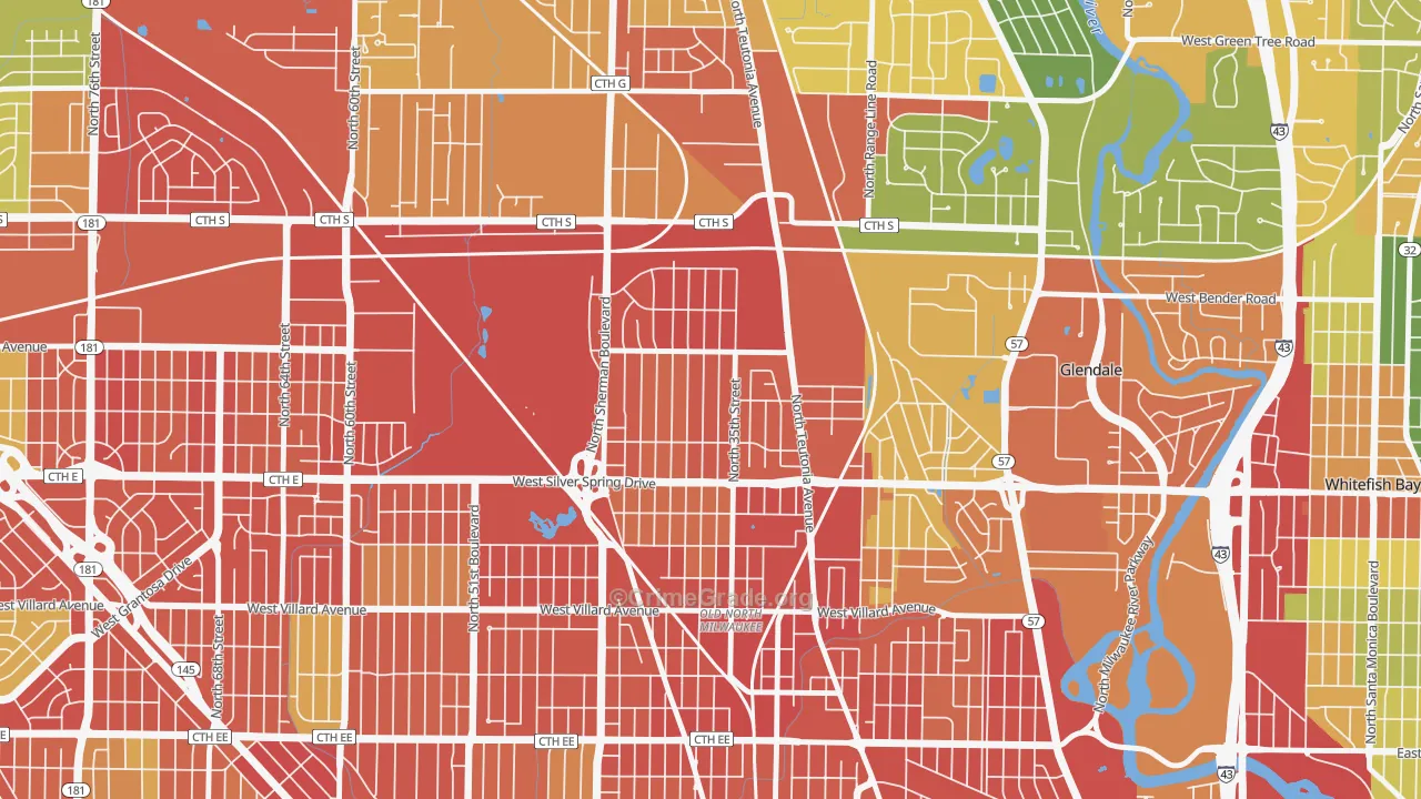 Thurston Woods, Milwaukee, WI Map of Robbery Rates