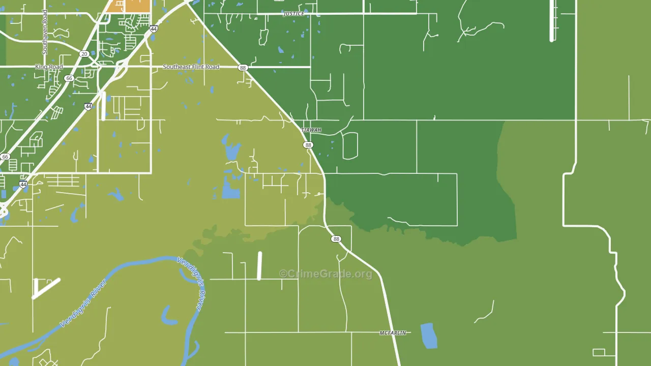 Tiawah, OK Map of Robbery Rates