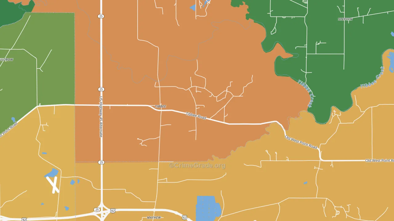 Tibbee, MS Map of Robbery Rates