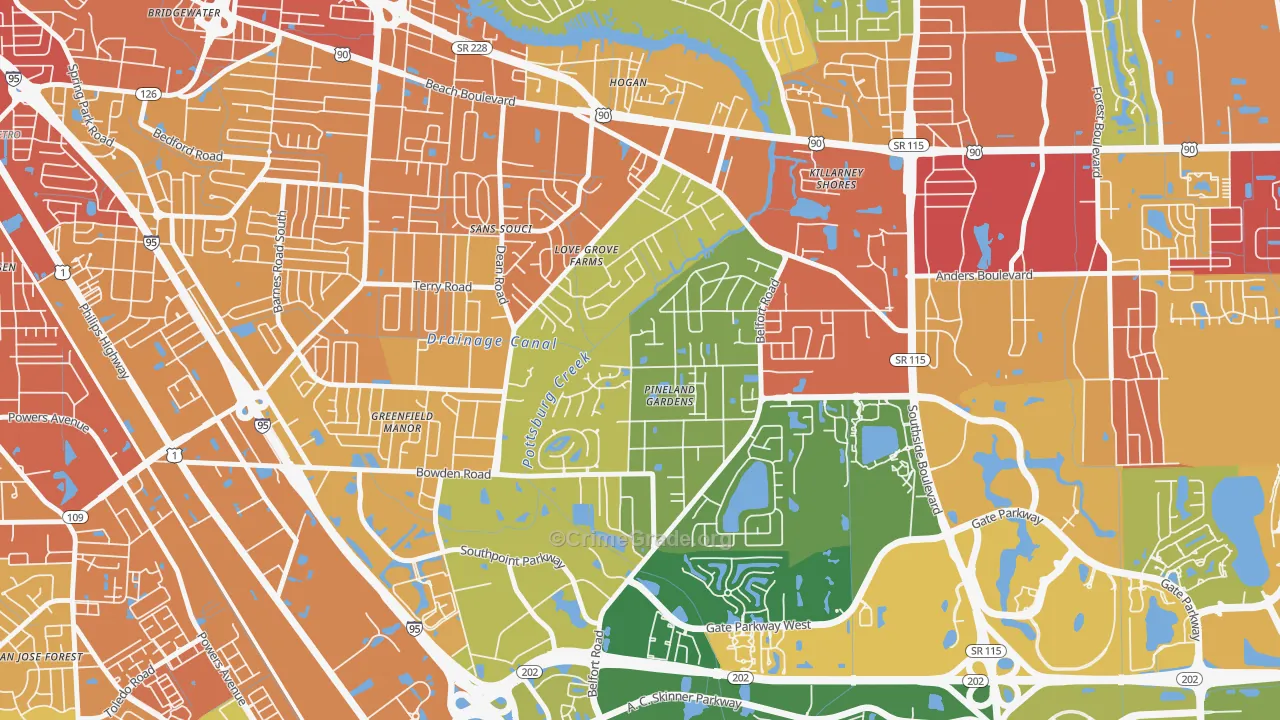 Tiger Hole-Secret Woods, Jacksonville, FL Map of Robbery Rates