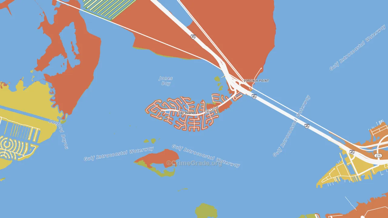 Tiki Island, TX Map of Robbery Rates