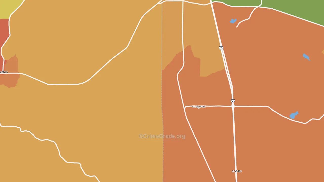 Tillatoba, MS Map of Robbery Rates