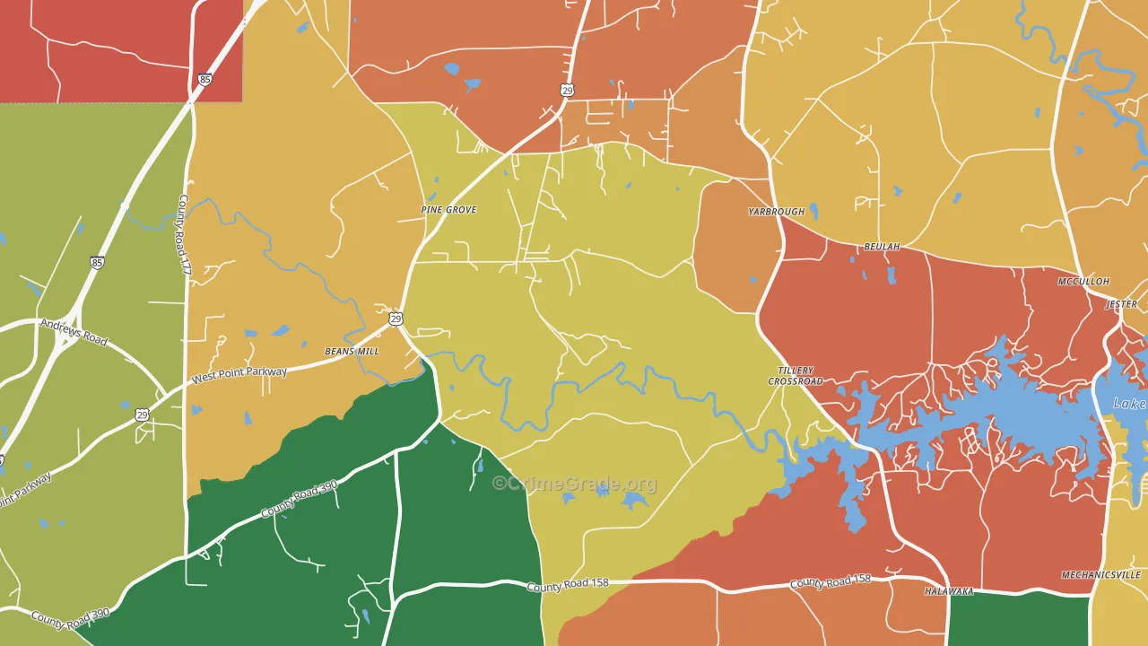 Tillery Crossroads, AL Map of Robbery Rates