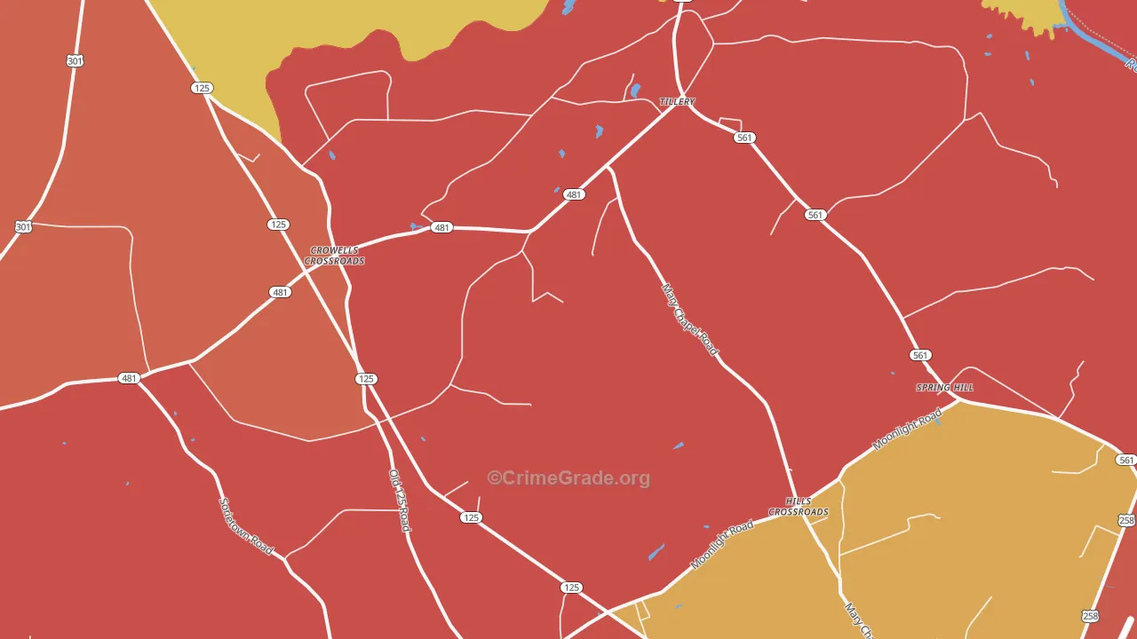 Tillery, NC Map of Robbery Rates