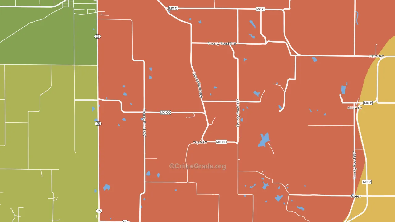 Tillman, MO Map of Robbery Rates