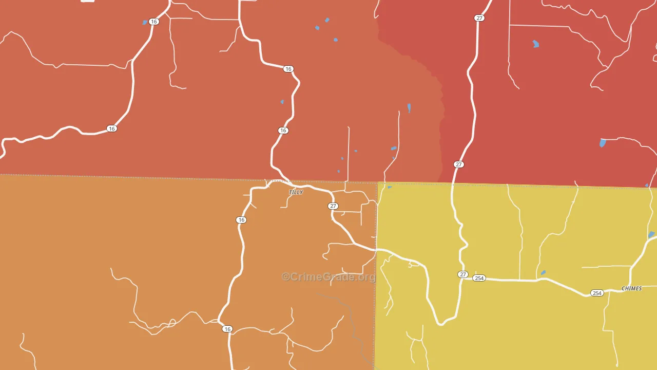 Tilly, AR Map of Robbery Rates