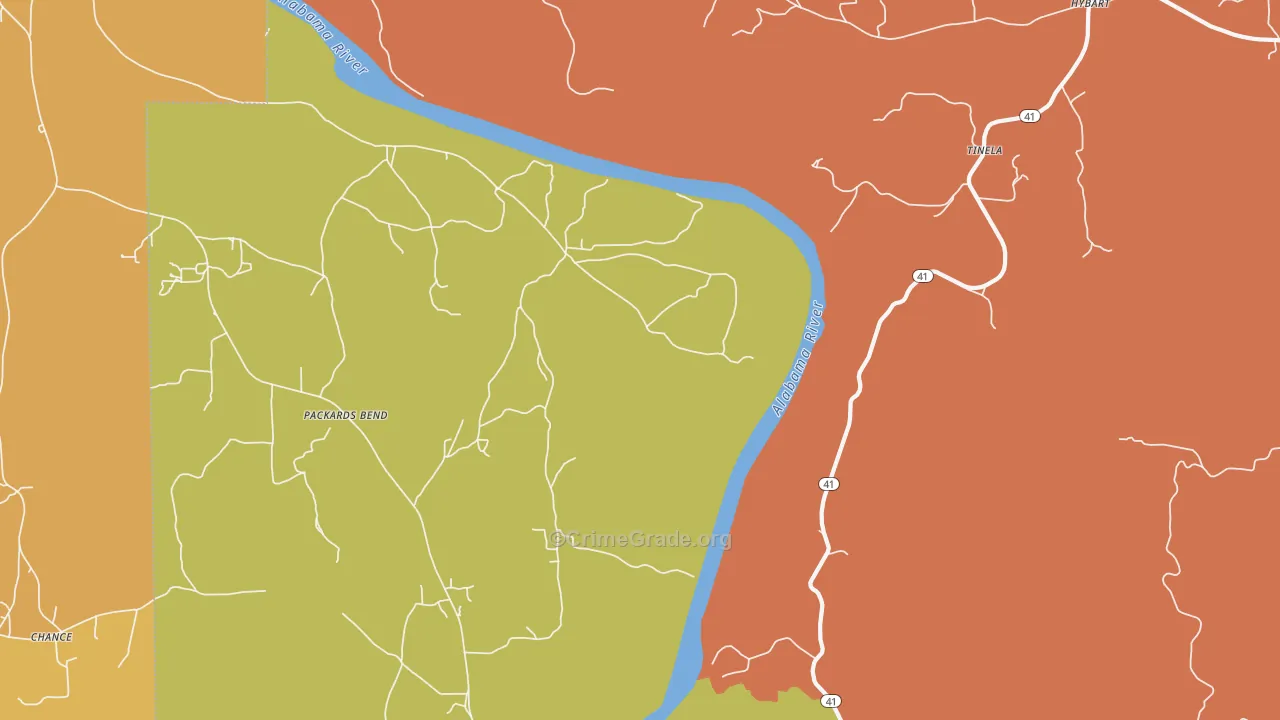 Tinela, AL Map of Robbery Rates