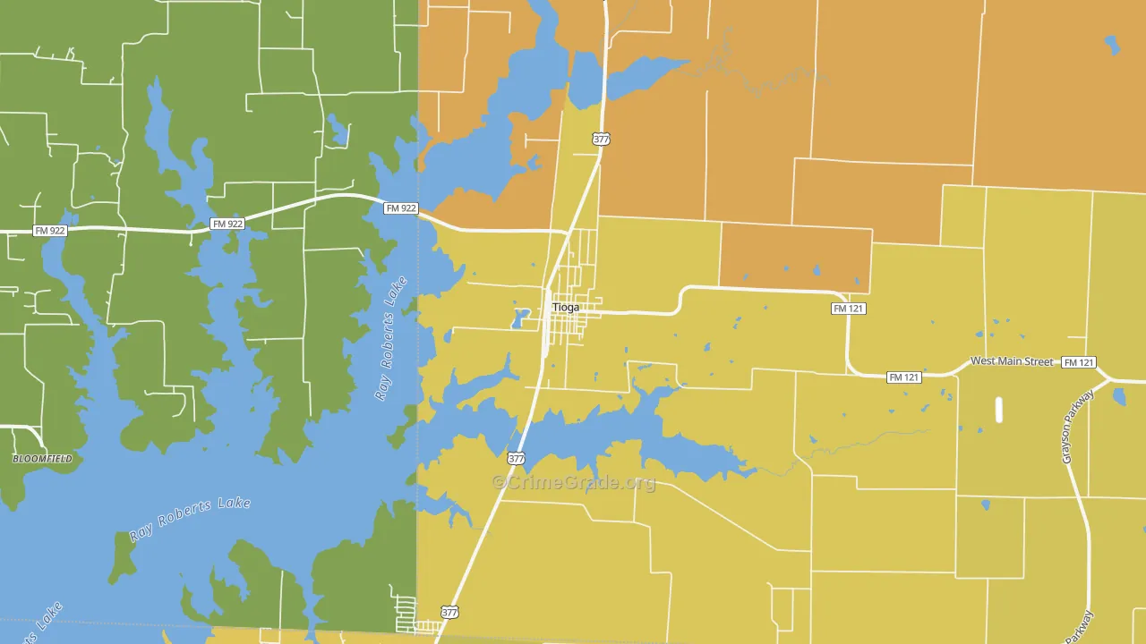 Tioga, TX Map of Robbery Rates