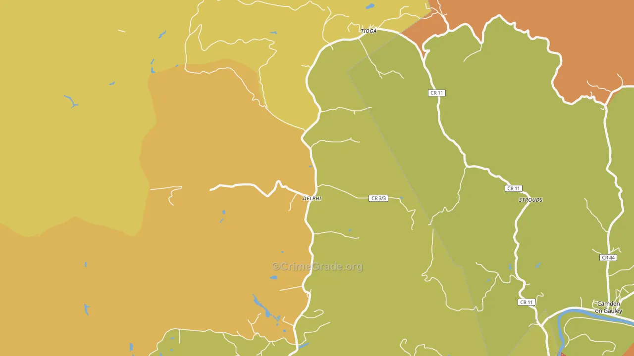 Tioga, WV Map of Robbery Rates