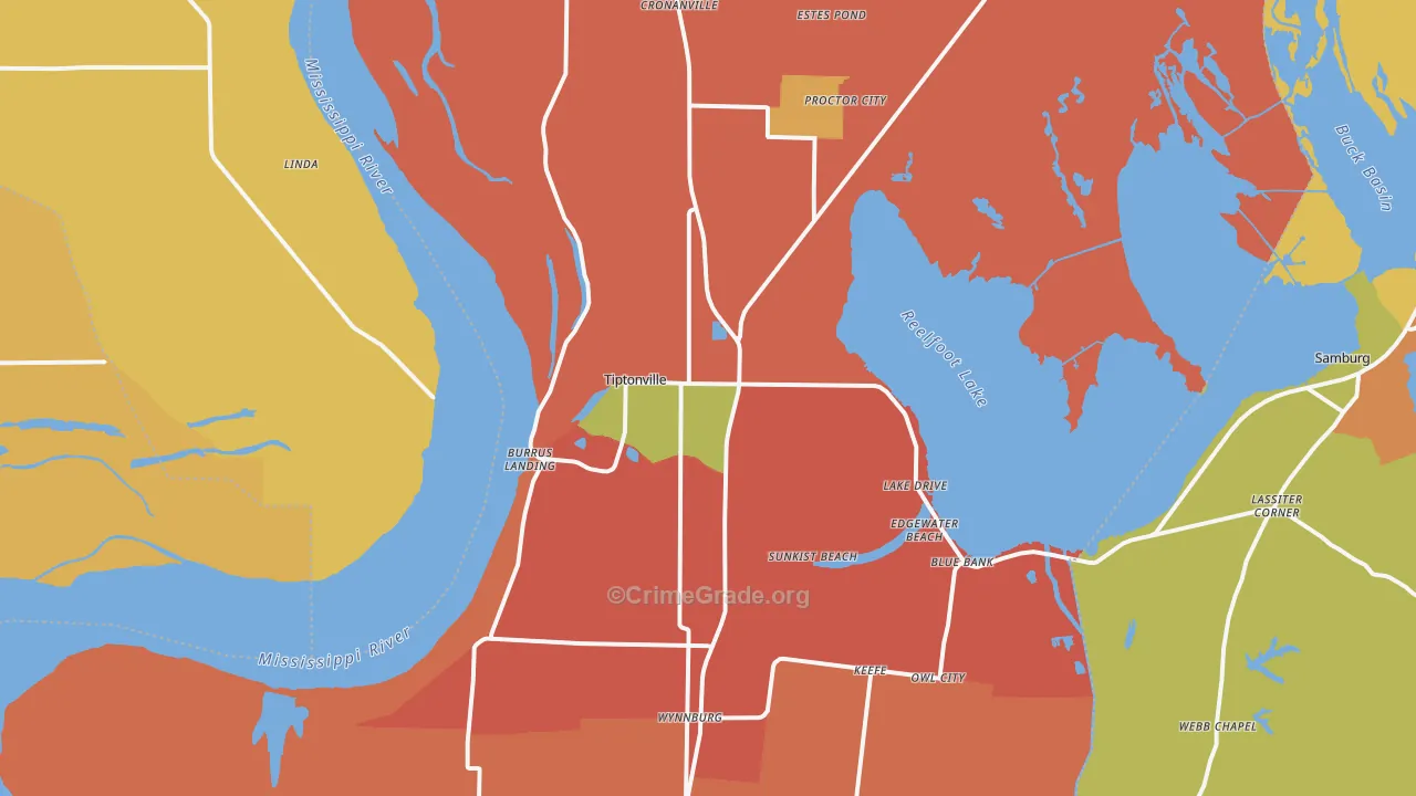 Tiptonville, TN Map of Robbery Rates