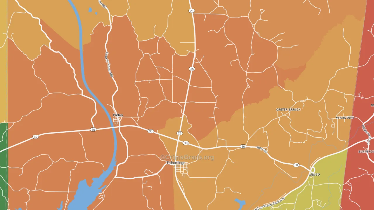 Tishomingo, MS Map of Robbery Rates