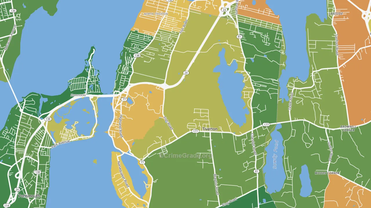 Tiverton, RI Map of Robbery Rates