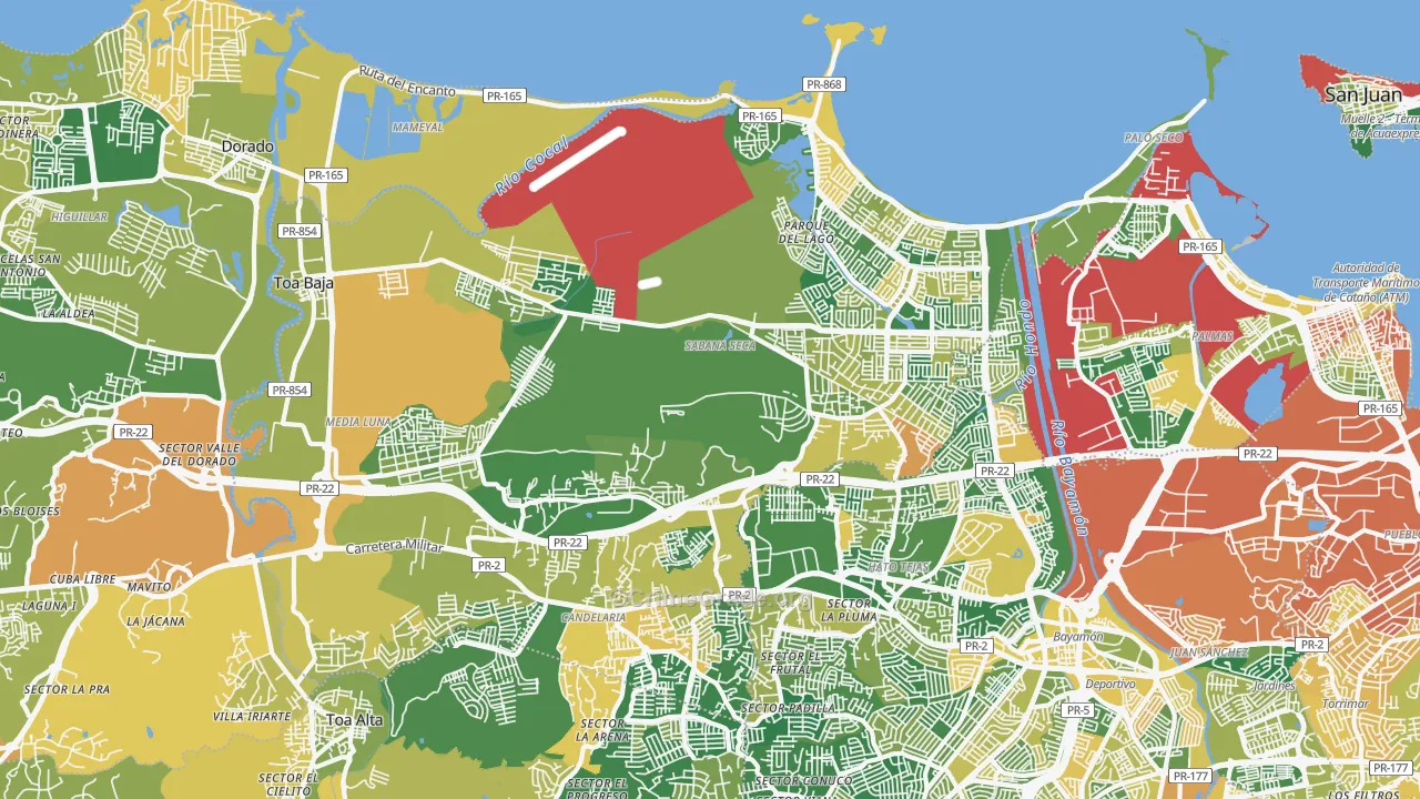 Toa Baja Municipio, PR Map of Robbery Rates