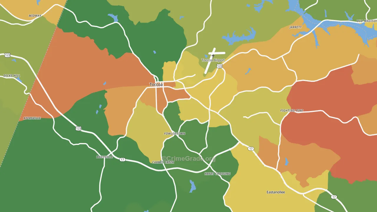 Toccoa, GA Map of Robbery Rates