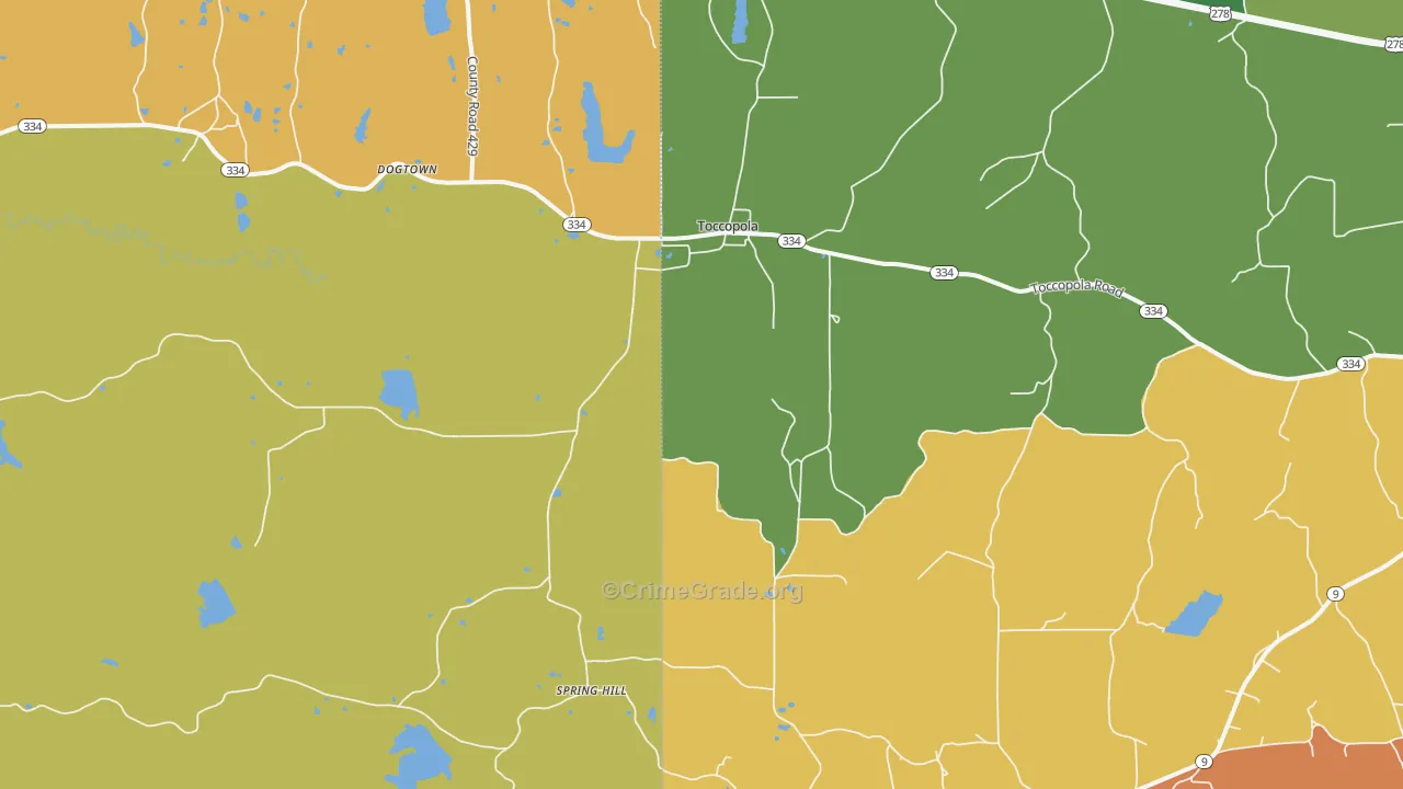 Toccopola, MS Map of Robbery Rates