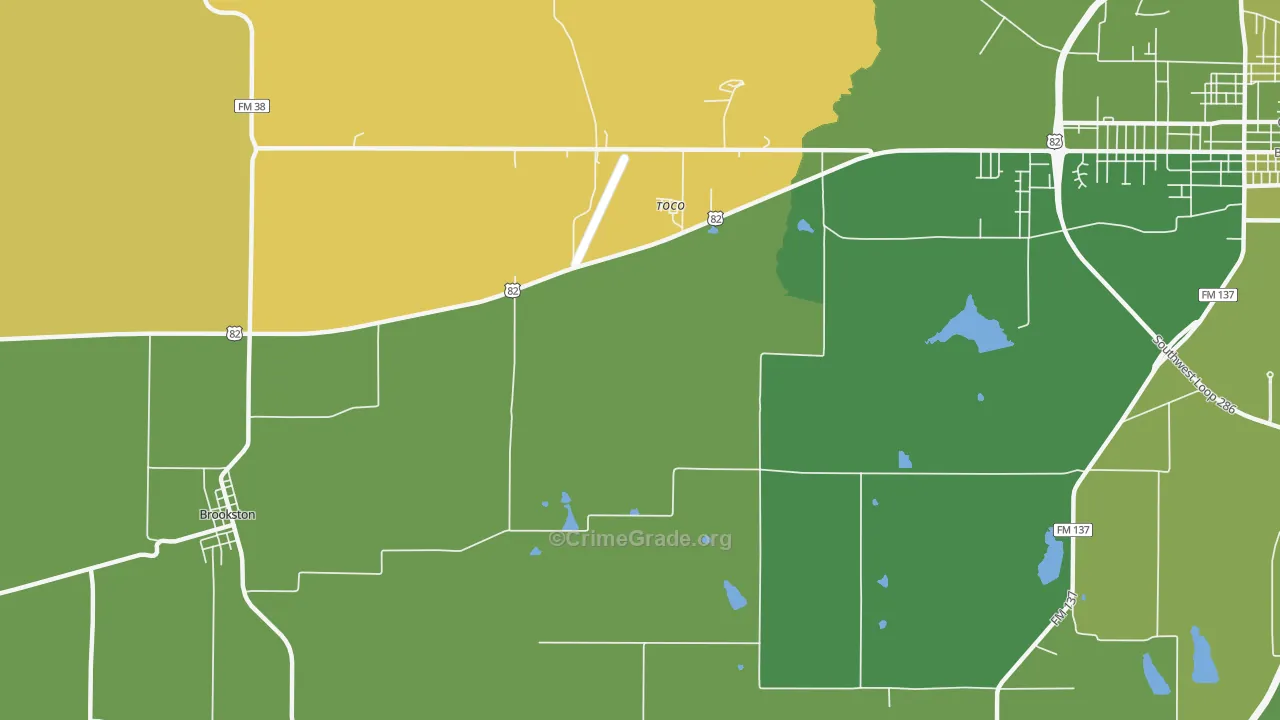 Toco, TX Map of Robbery Rates