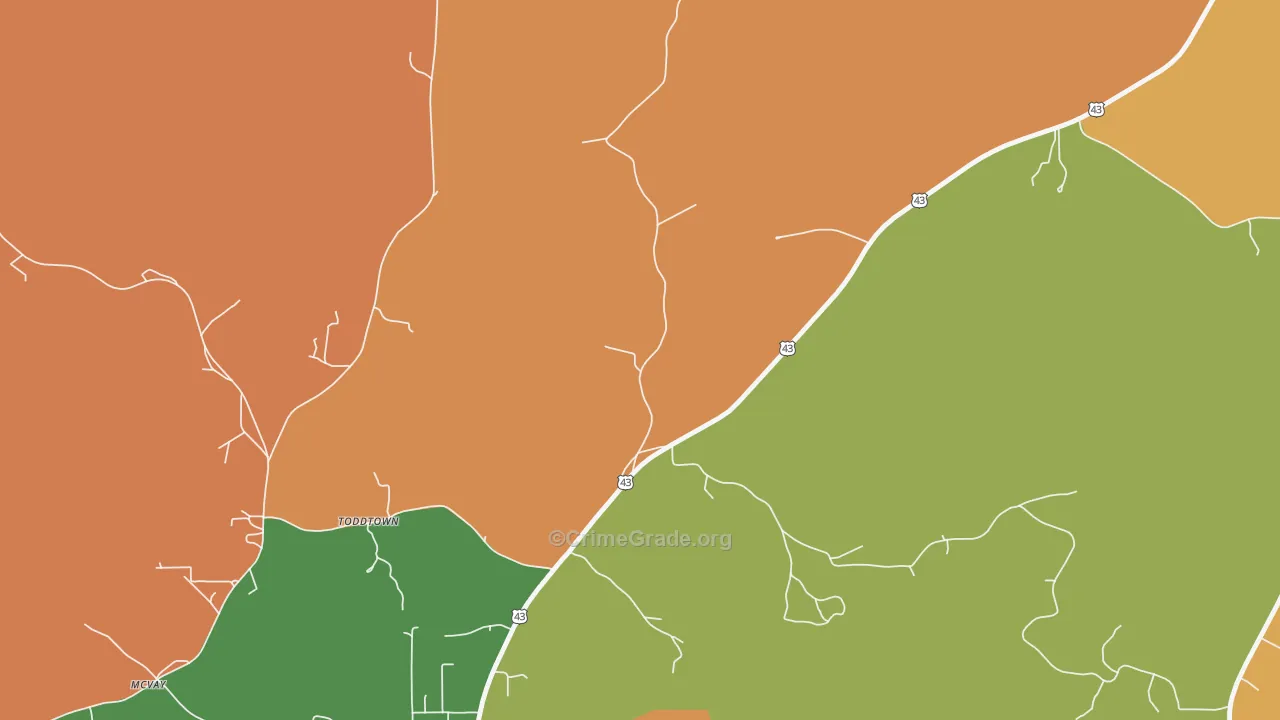 Toddtown, AL Map of Robbery Rates