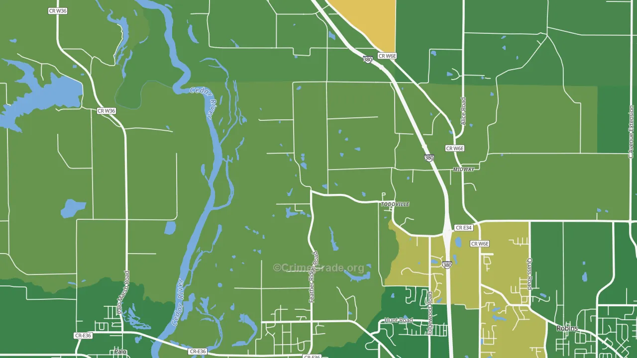 Toddville, IA Map of Robbery Rates