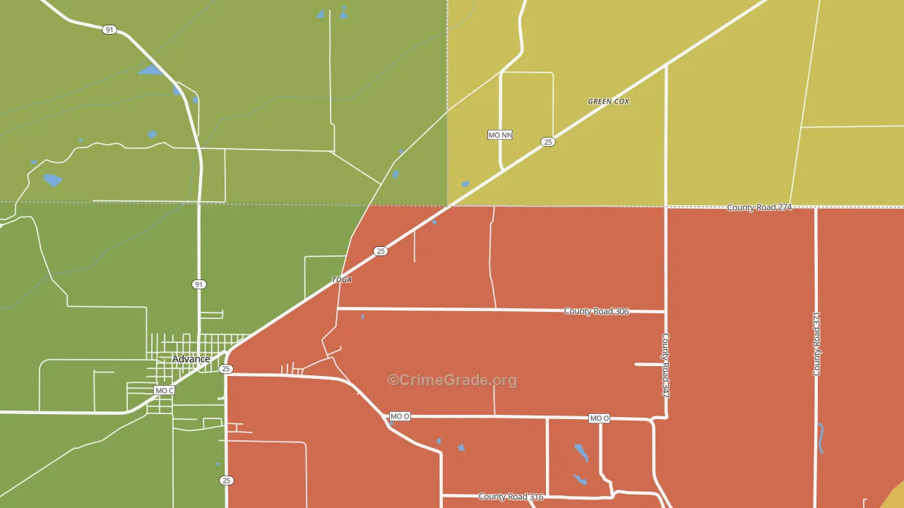 Toga, MO Map of Robbery Rates
