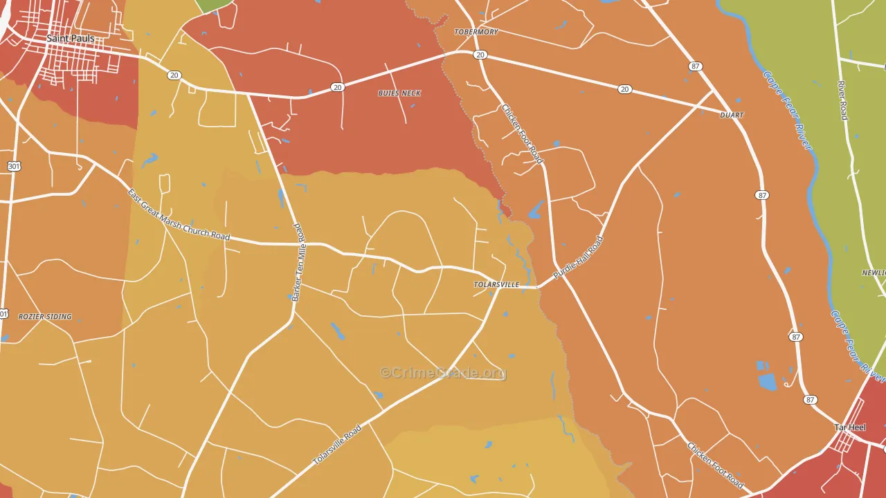 Tolarsville, NC Map of Robbery Rates