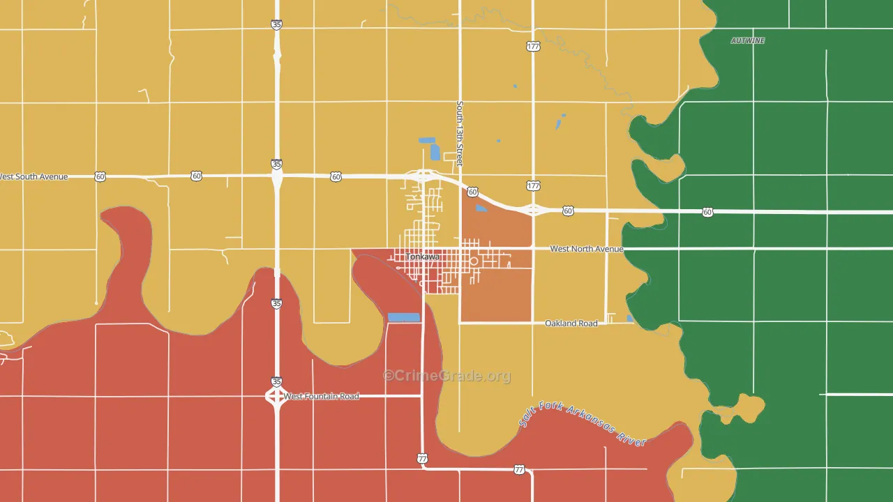 Tonkawa, OK Map of Robbery Rates