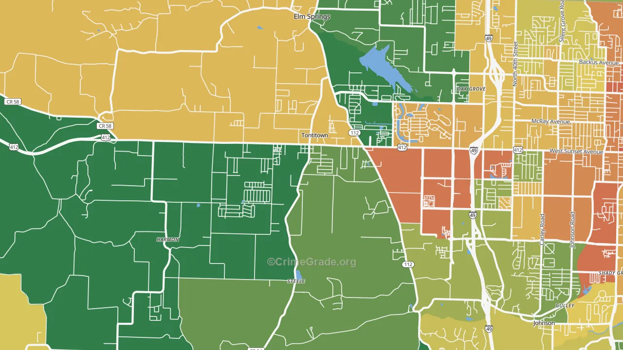 Tontitown, AR Map of Robbery Rates