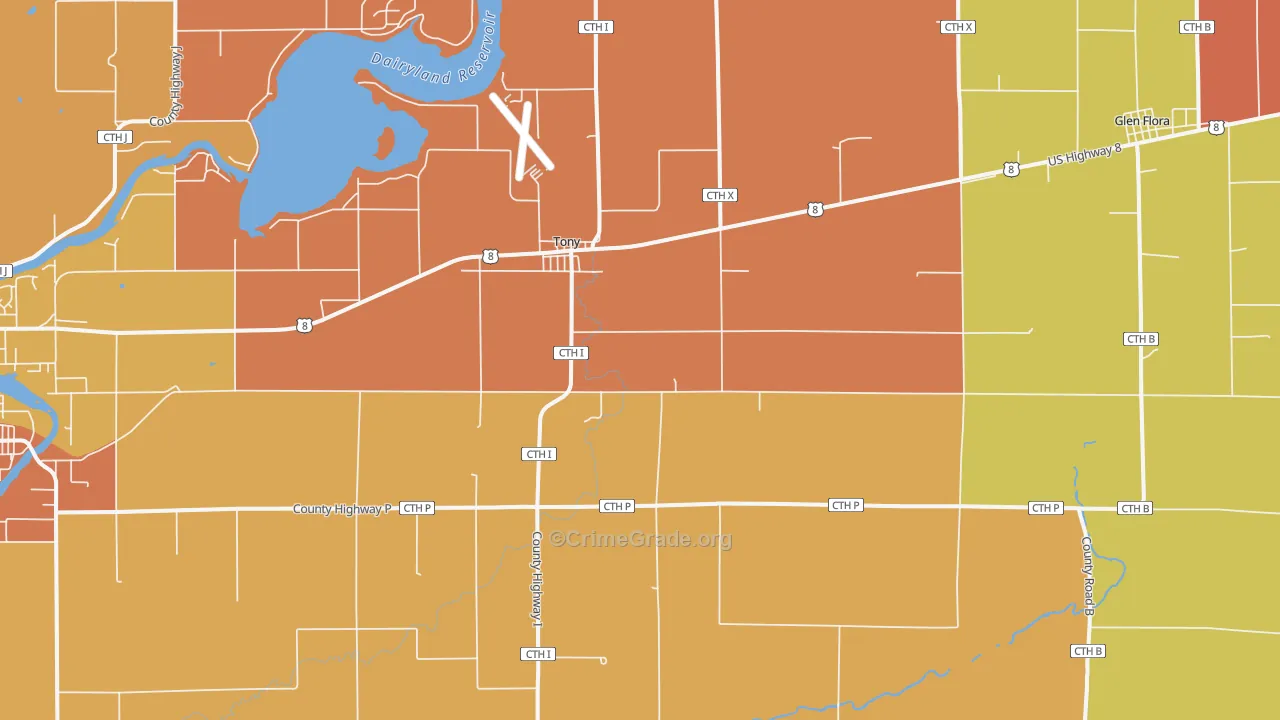 Tony, WI Map of Robbery Rates