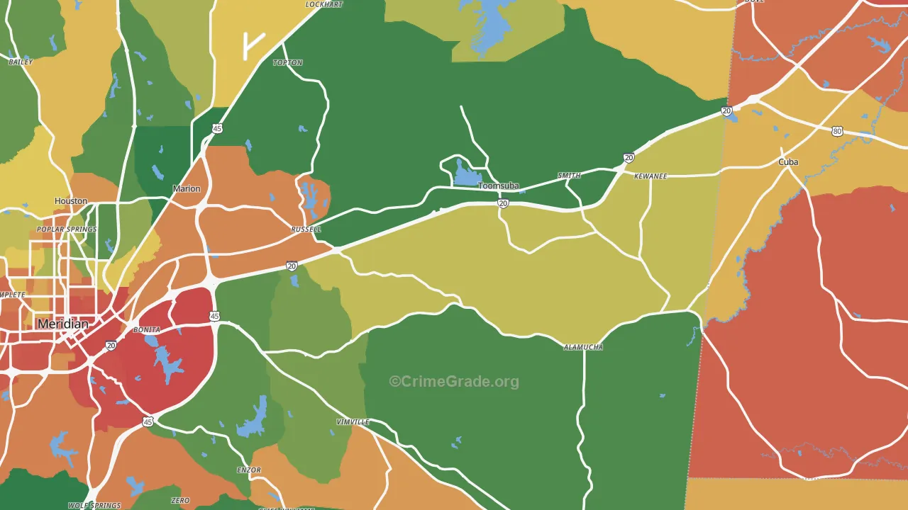 Toomsuba, MS Map of Robbery Rates