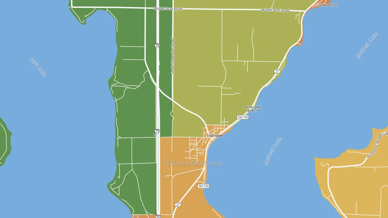 Topinabee, MI Map of Robbery Rates