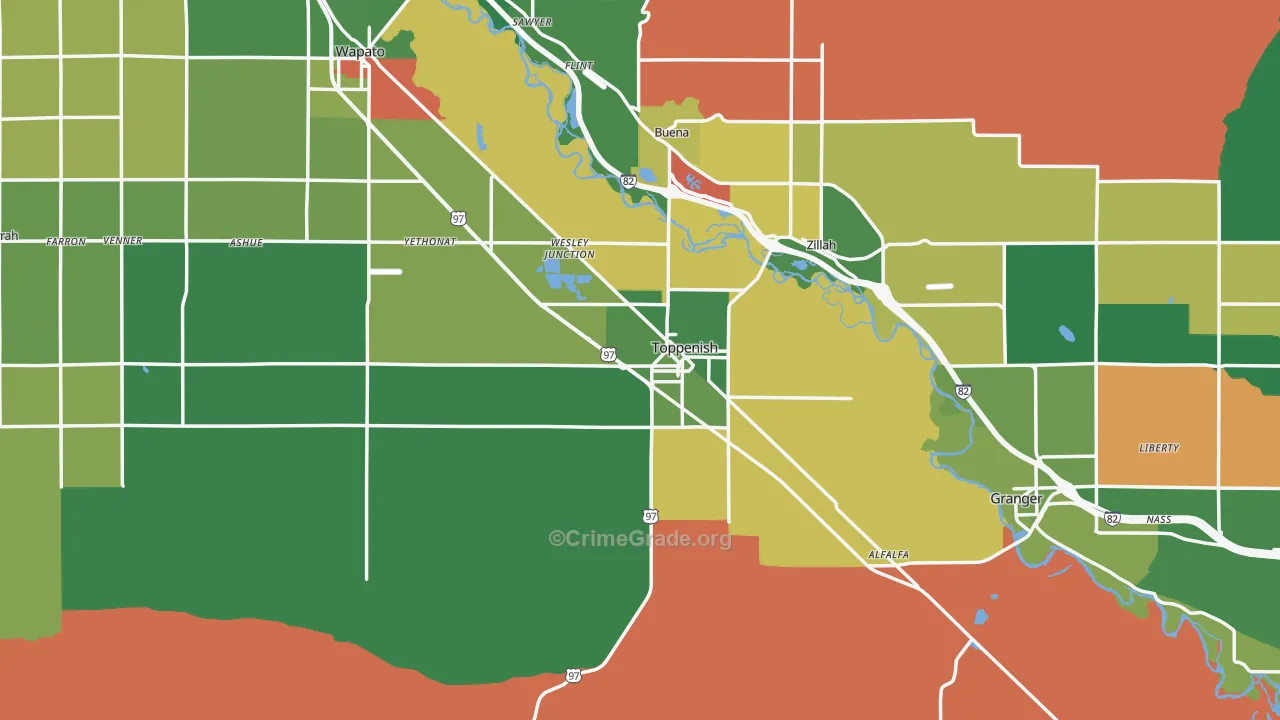 Toppenish, WA Map of Robbery Rates