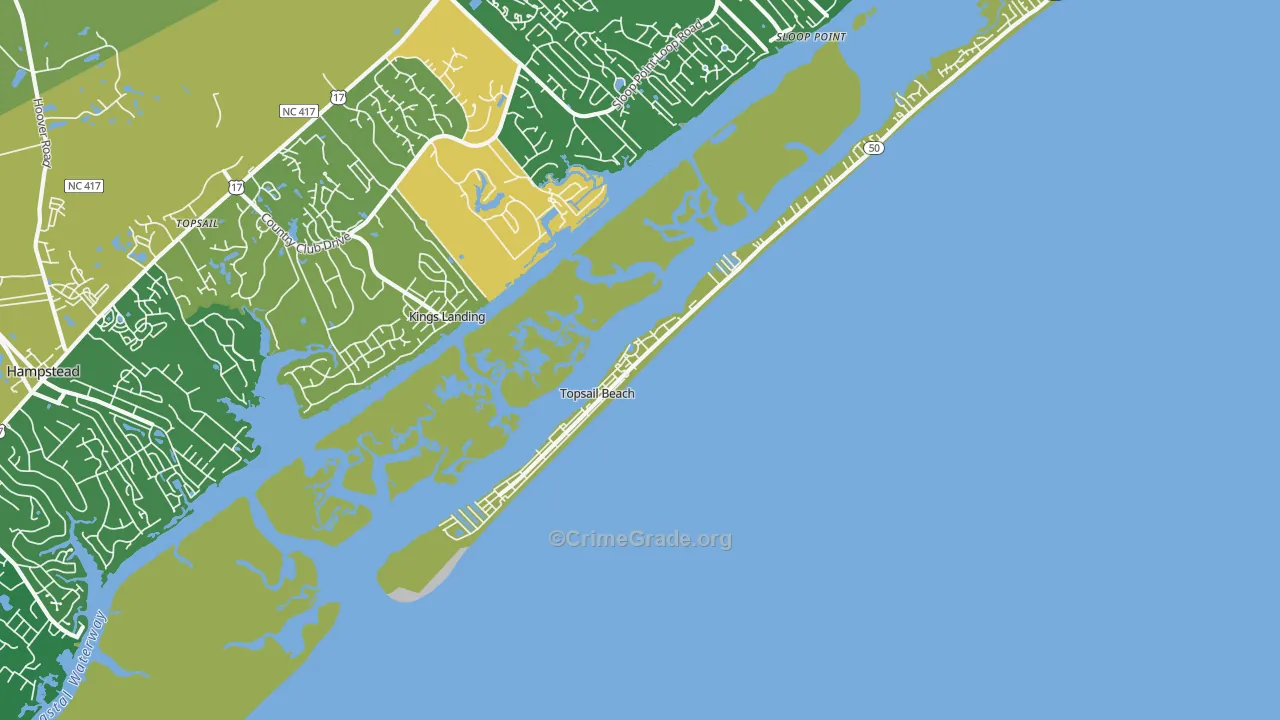 Topsail Beach, NC Map of Robbery Rates