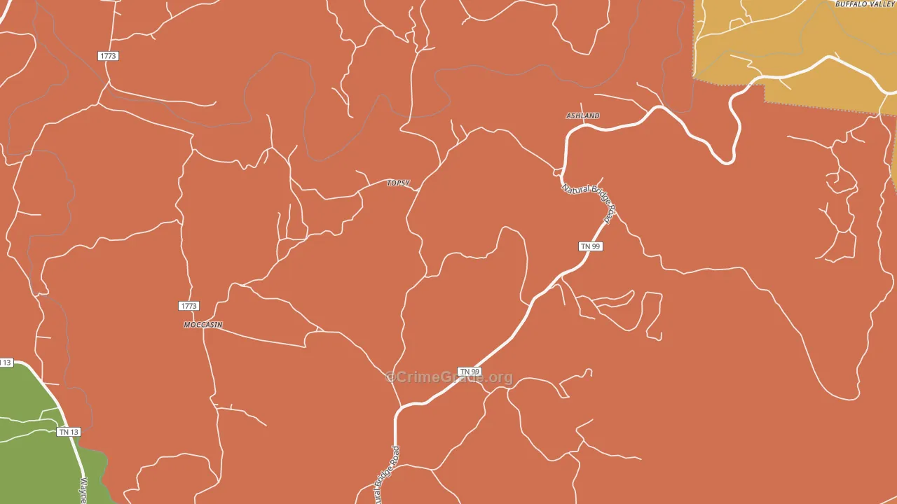 Topsy, TN Map of Robbery Rates