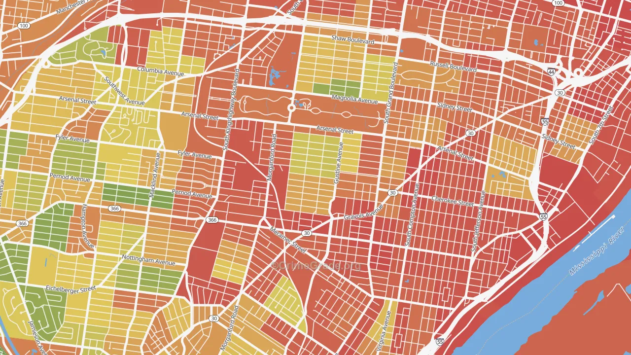 Tower Grove South, St. Louis, MO Map of Robbery Rates