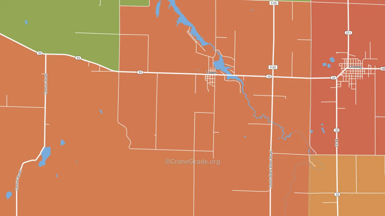 Tower, MI Map of Robbery Rates