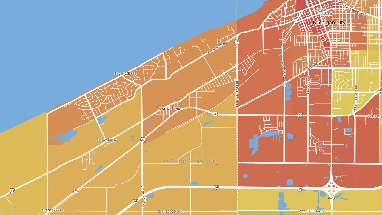 Town of Pines, IN Map of Robbery Rates