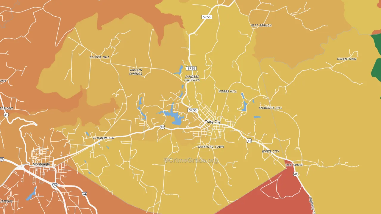Tracy City, TN Map of Robbery Rates