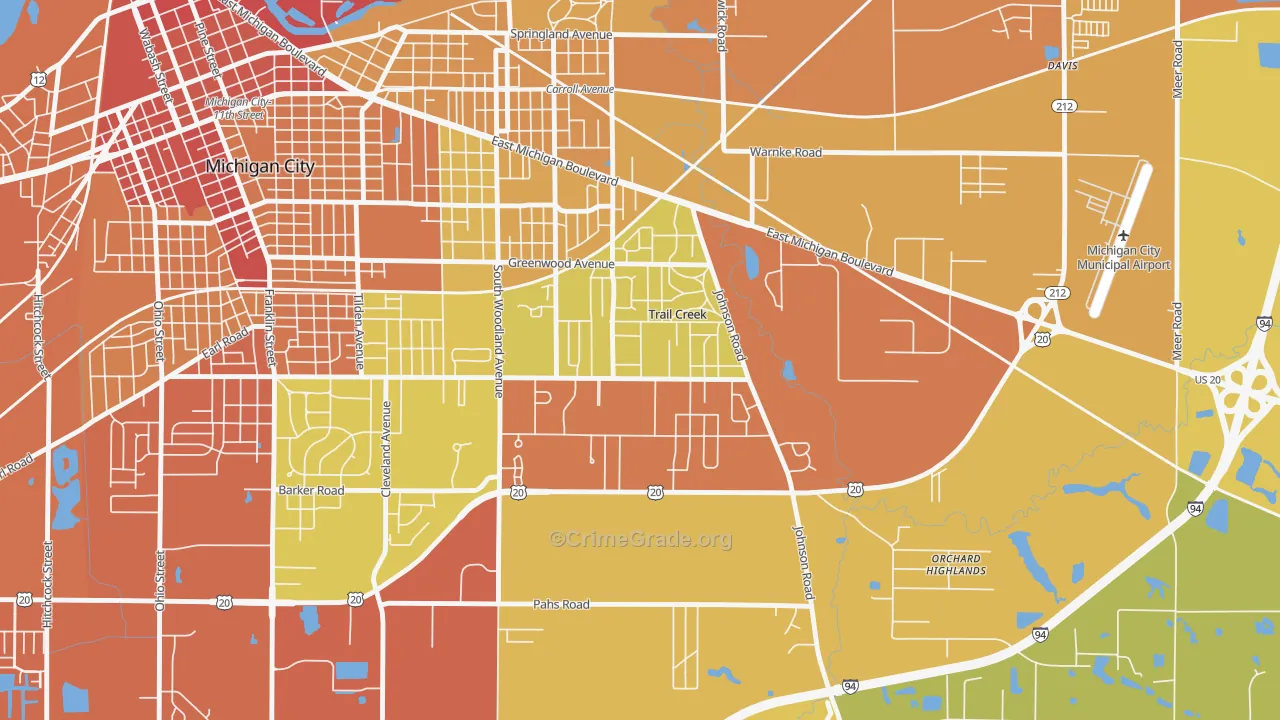 Trail Creek, IN Map of Robbery Rates