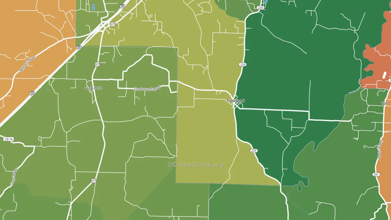 Traskwood, AR Map of Robbery Rates
