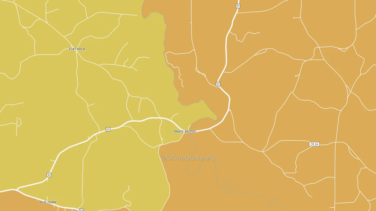 Travis Bridge, AL Map of Robbery Rates
