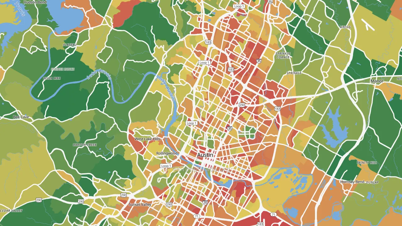 Travis County, TX Map of Robbery Rates