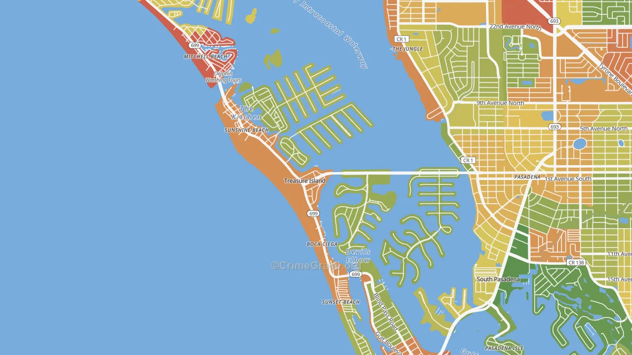 Treasure Island, FL Map of Robbery Rates