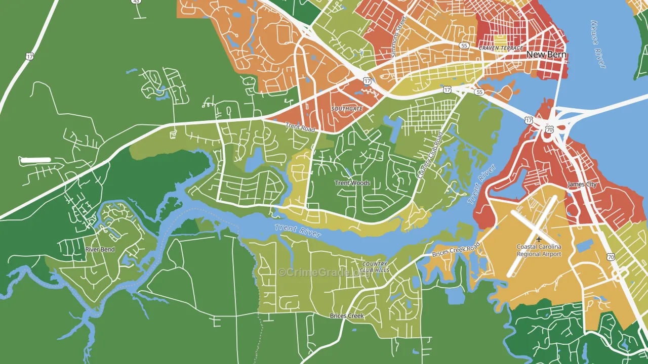 Trent Woods, NC Map of Robbery Rates